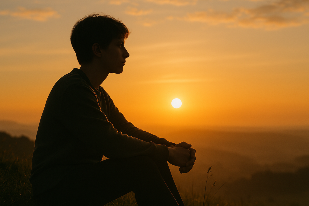 Person at sunrise reflecting with quiet courage and hope to try again tomorrow – Joy Spring Mental Health