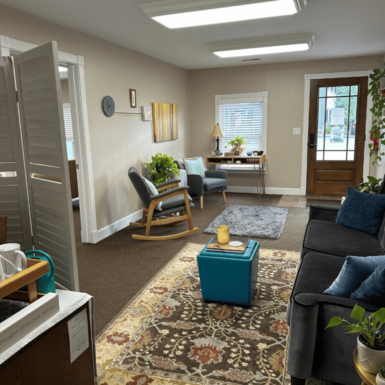 The welcoming entryway and waiting area with natural light and plants at the Joy Spring Mental Health office in Boone, NC.