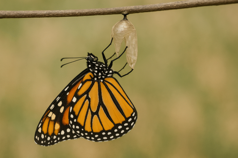 A newly emerged monarch butterfly clings to its empty chrysalis, still attached to a slender twig. The butterfly’s vivid orange and black wings are fully unfurled, contrasting with the pale, translucent shell it has just left behind. The soft, blurred background emphasizes the delicate moment of transformation and new beginning.