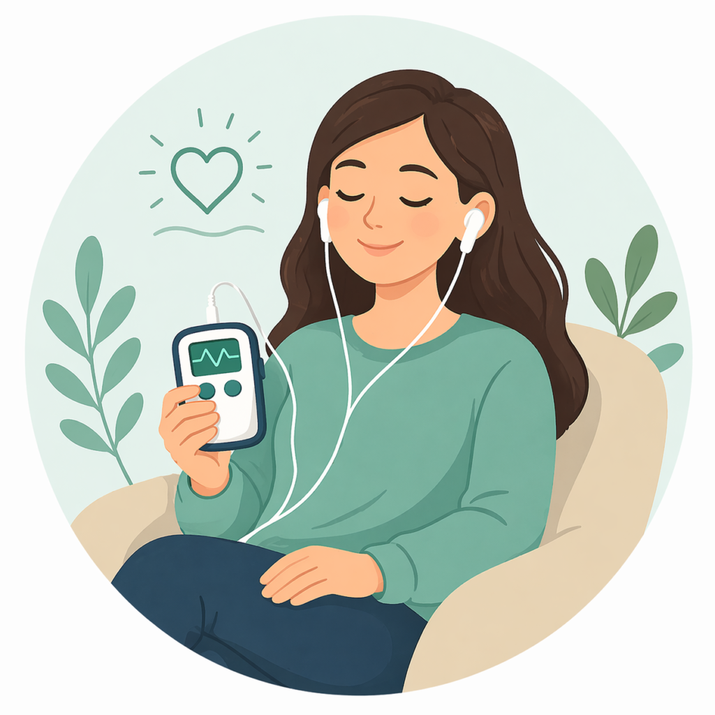 Woman with headphones using a handheld biofeedback device, eyes closed and relaxed, representing mental health and wellness.