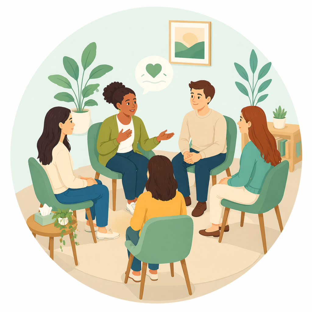 Illustration of a group therapy session with a therapist and four adults seated in a circle, discussing mental health in a calm setting.