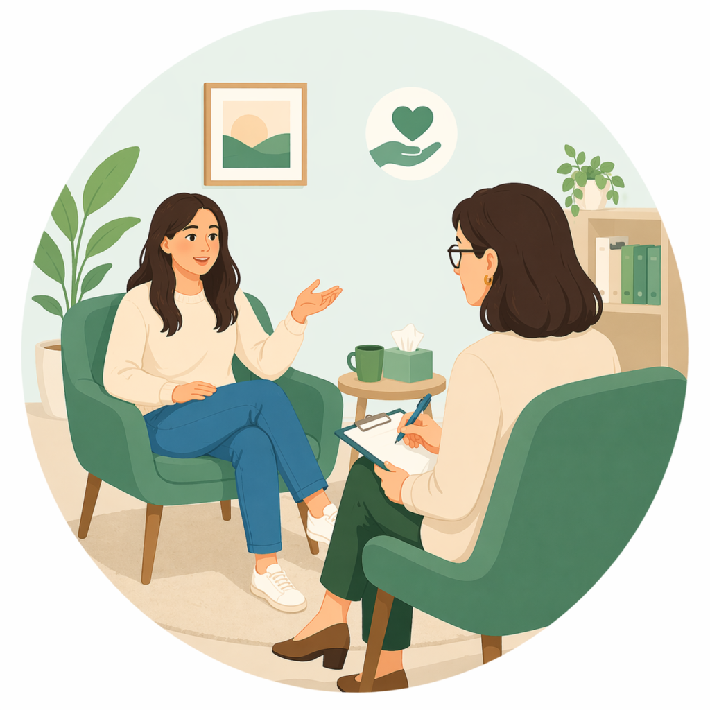 Illustration of a therapist and client seated in a calm, cozy office, engaged in conversation during a counseling session, representing mental health services in Western North Carolina.