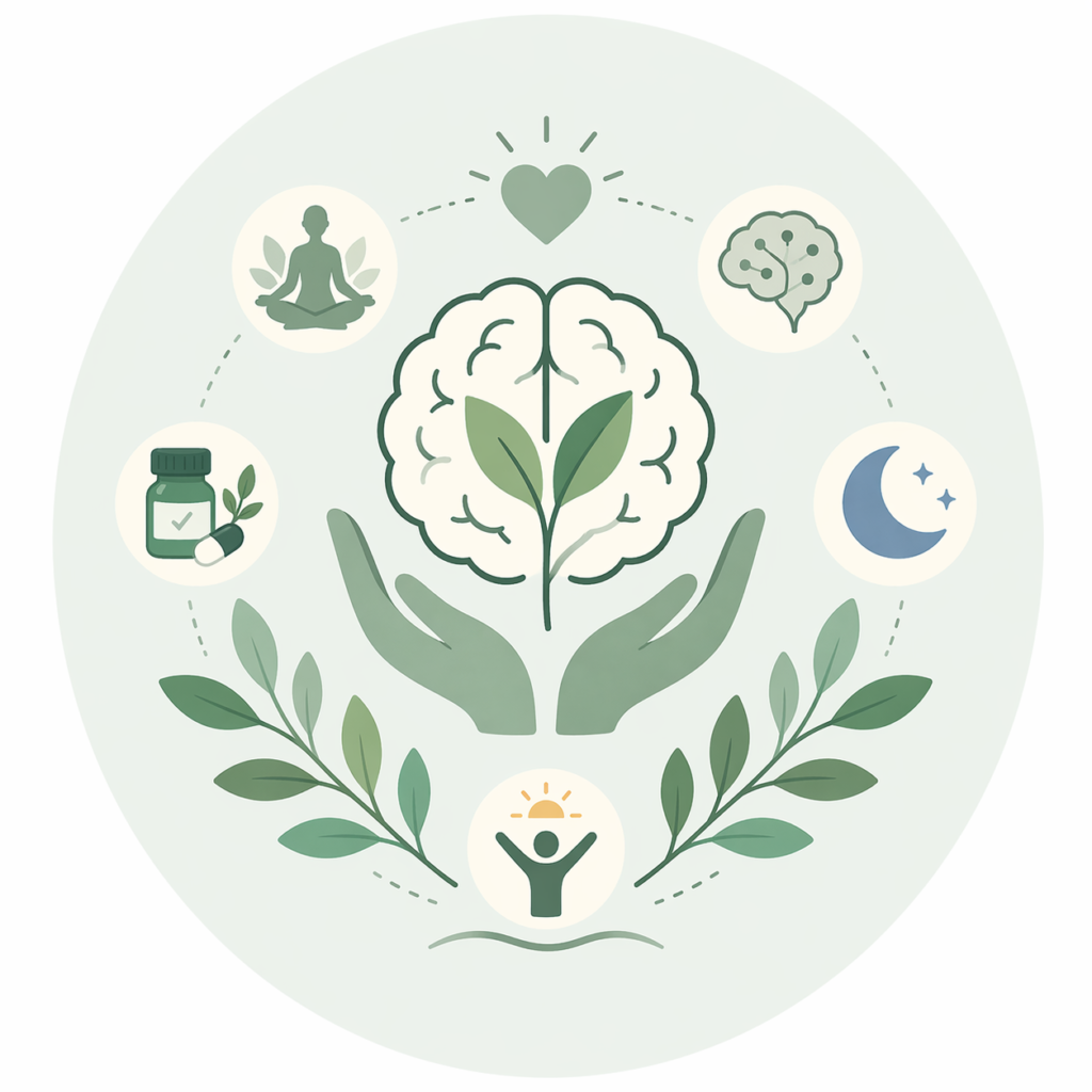 Mental health services in Western North Carolina illustration showing holistic wellness approach with brain and plant growth symbol, surrounded by icons for therapy, meditation, medication management, sleep health, and emotional well-being.
