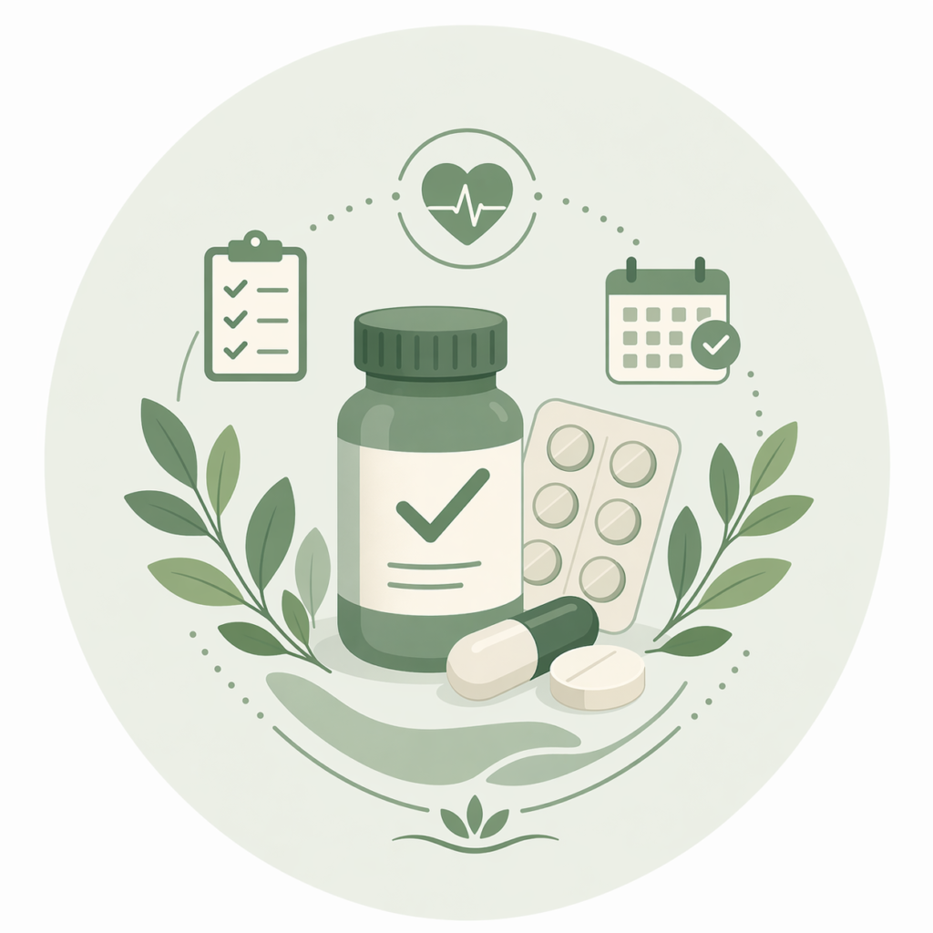 Illustration of mental health services in Western North Carolina featuring medication bottle, pills, wellness checklist, calendar, and heart health icon representing holistic care and treatment planning.