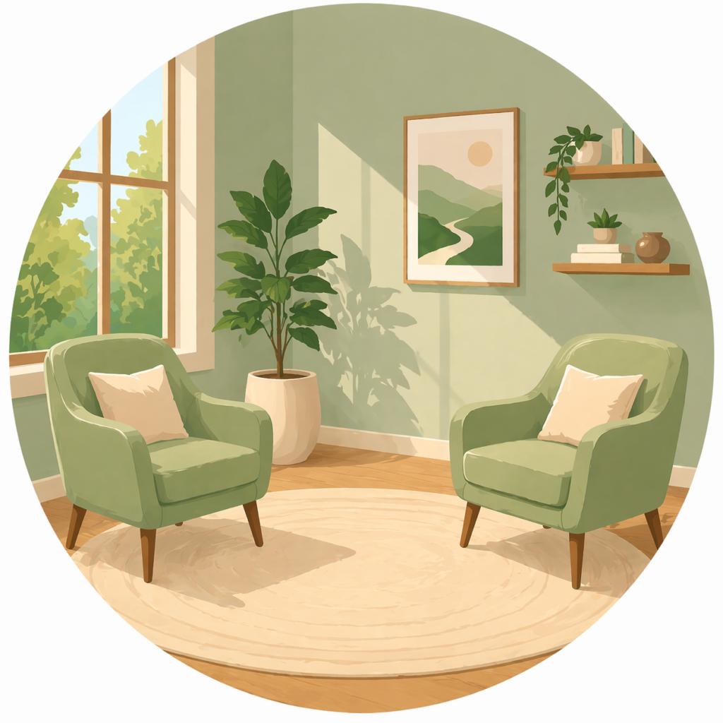 Bright, calming therapy office with two green armchairs, natural light, plants, and peaceful decor, representing mental health counseling services in Western North Carolina.