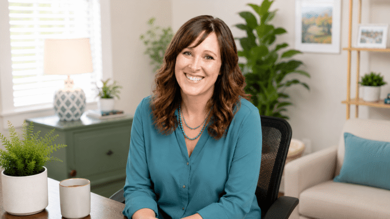 Heather Herman, FNP, PMHNP sitting in a calm psychiatry office at the West Jefferson, NC office of Joy Spring Mental Health