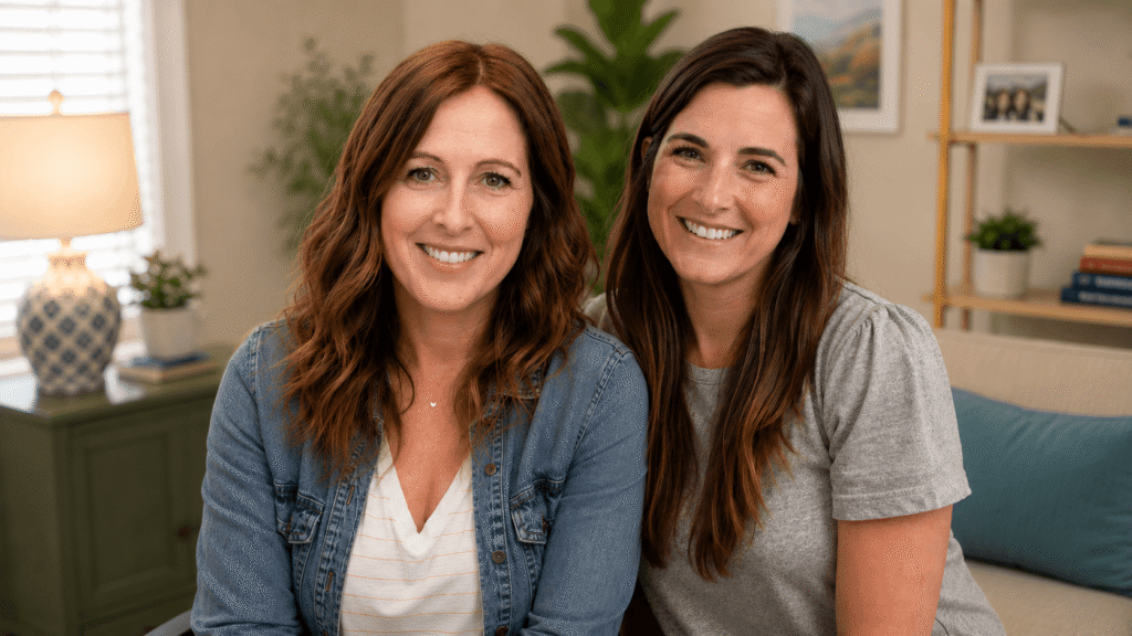 Heather Herman, NP-C and Alyssa Ramirez, PA-C standing in a welcoming office with a bookshelf behind them welcoming clients to Joy Spring Mental Health